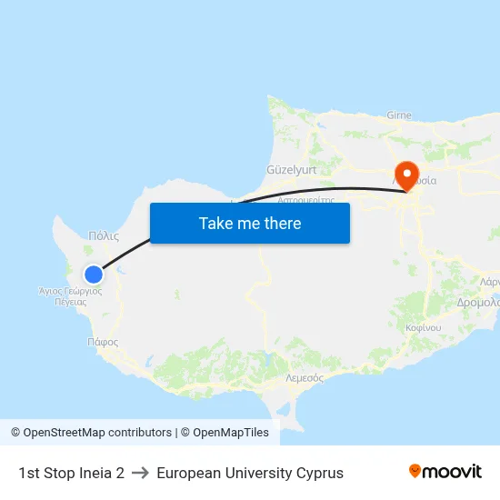 1st Stop Ineia 2 to European University Cyprus map