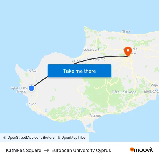 Kathikas Square to European University Cyprus map