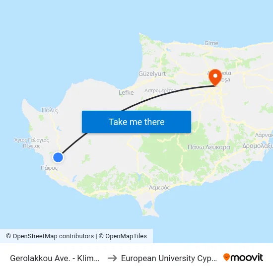 Gerolakkou Ave. - Klimaka to European University Cyprus map