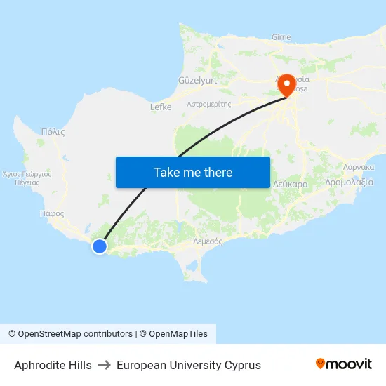 Aphrodite Hills to European University Cyprus map