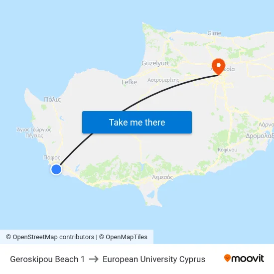 Geroskipou Beach to European University Cyprus map