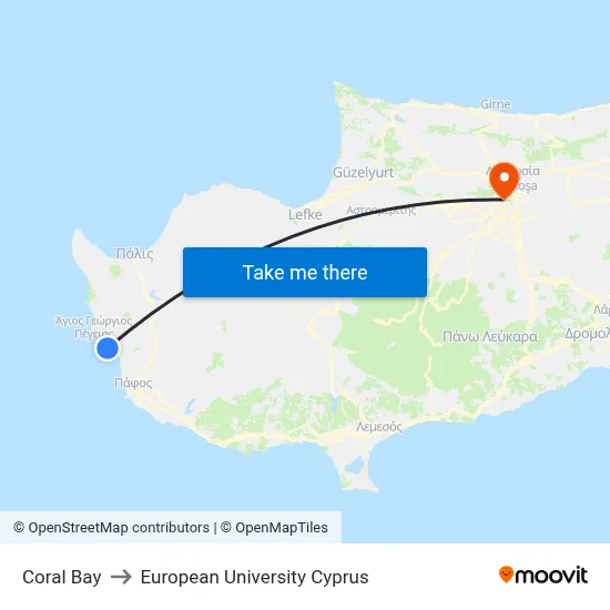 Coral Bay to European University Cyprus map