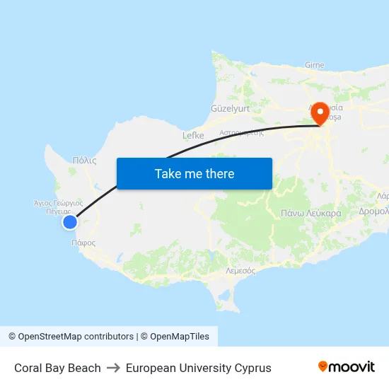 Coral Bay Beach to European University Cyprus map