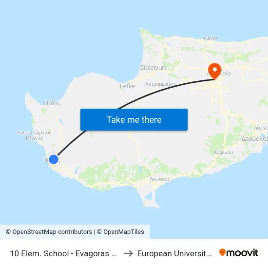 10 Elem. School - Evagoras Pallikaridis to European University Cyprus map