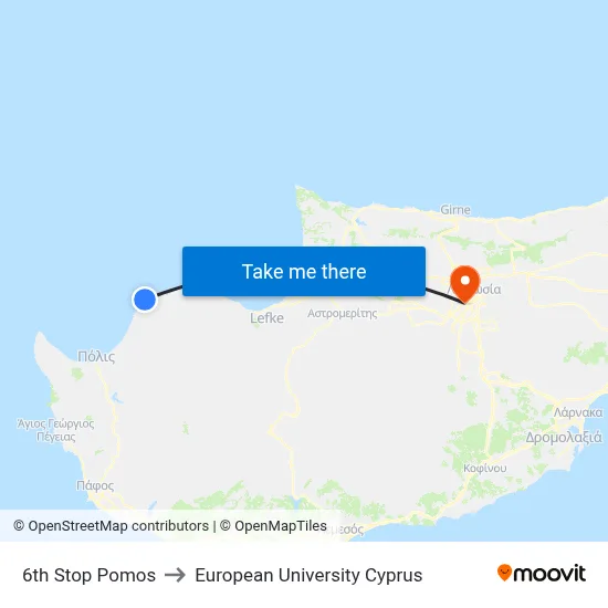 6th Stop Pomos to European University Cyprus map