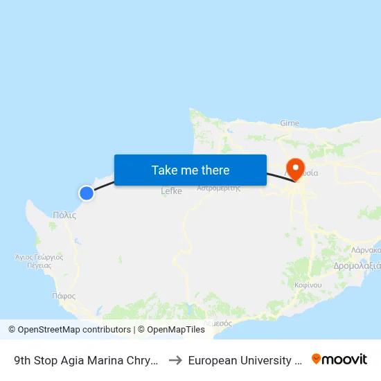 9th Stop Agia Marina Chrysochous to European University Cyprus map