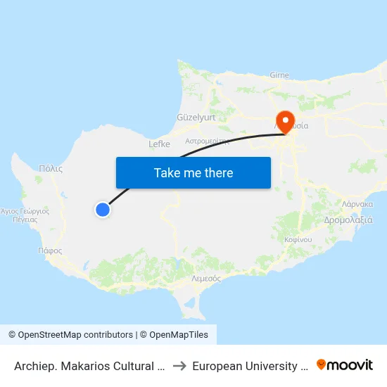Archbishop Makarios Cultural Centre 2 to European University Cyprus map