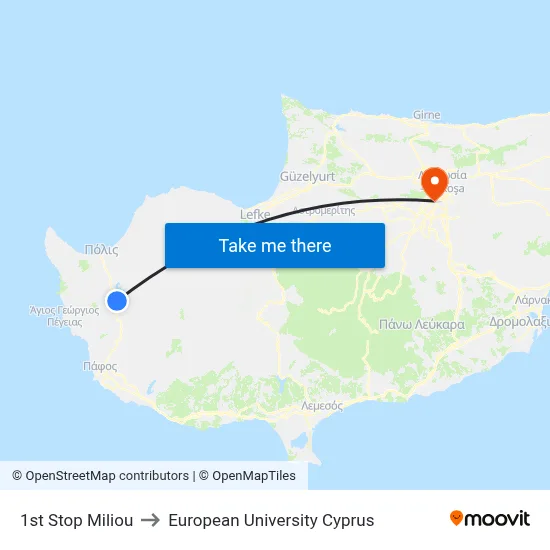 1st Stop Miliou to European University Cyprus map