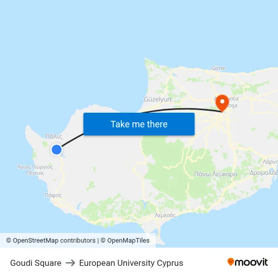 Goudi Square to European University Cyprus map