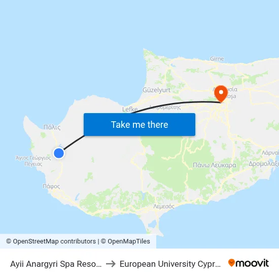 Ayii Anargyri Spa Resort to European University Cyprus map