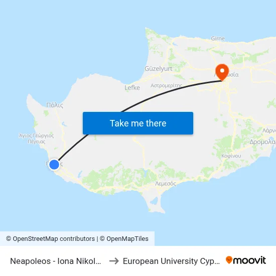 Neapoleos - Iona Nikolaou to European University Cyprus map