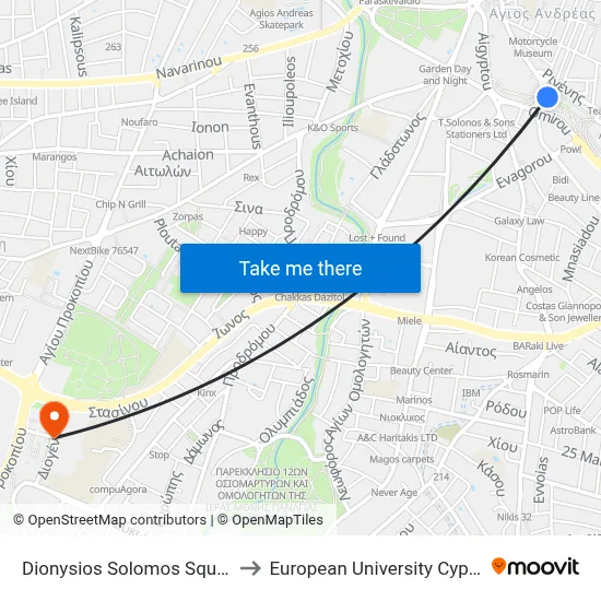 Dionysios Solomos Square to European University Cyprus map