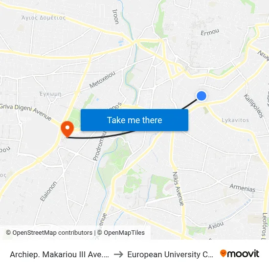 Archbishop Makarios III Avenue - Iras to European University Cyprus map