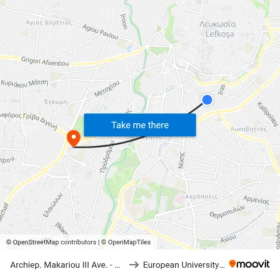 Archbishop Makarios III Ave. - Mnasiadou to European University Cyprus map