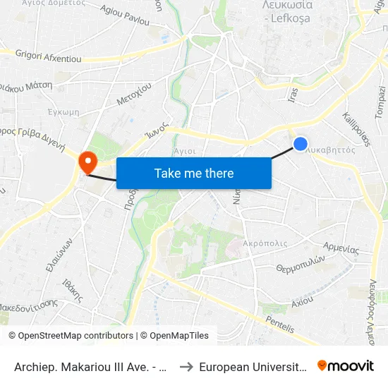 Archiep. Makariou III Ave. - Dimofontos to European University Cyprus map