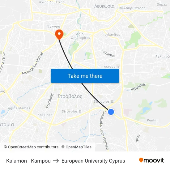 Kalamon - Kampou to European University Cyprus map