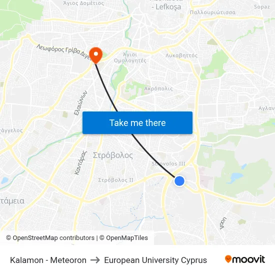 Kalamon - Meteoron to European University Cyprus map