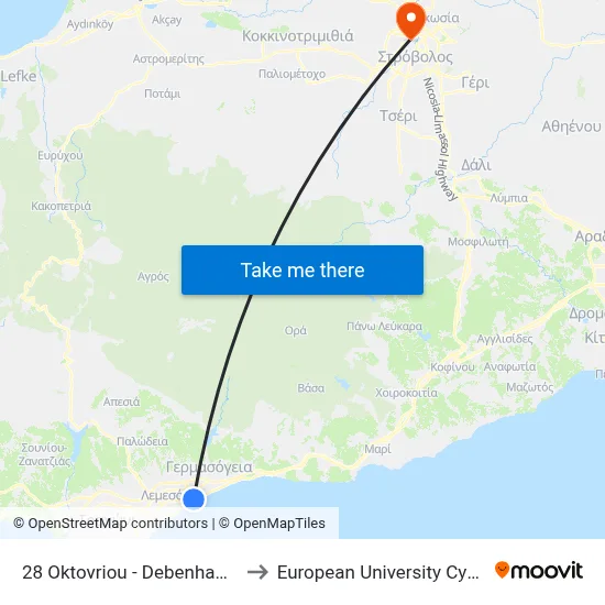 28 Oktovriou - Debenhams 2 to European University Cyprus map