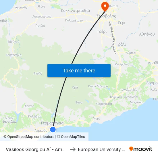 Vasileos Georgiou A - Ampelakion to European University Cyprus map