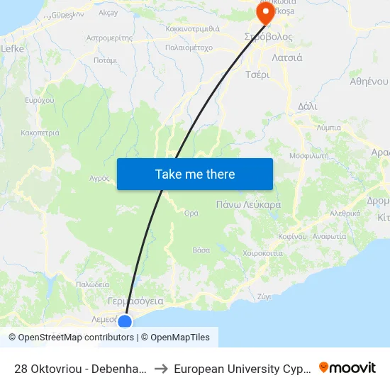 28 Oktovriou - Debenhams to European University Cyprus map