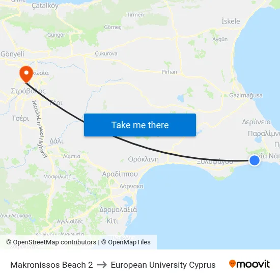Makronissos Beach 2 to European University Cyprus map