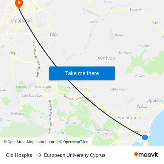 Old Hospital to European University Cyprus map
