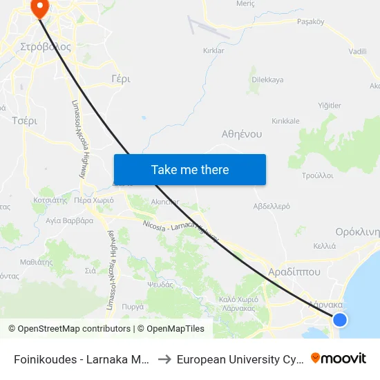 Foinikoudes - Larnaka Marina to European University Cyprus map