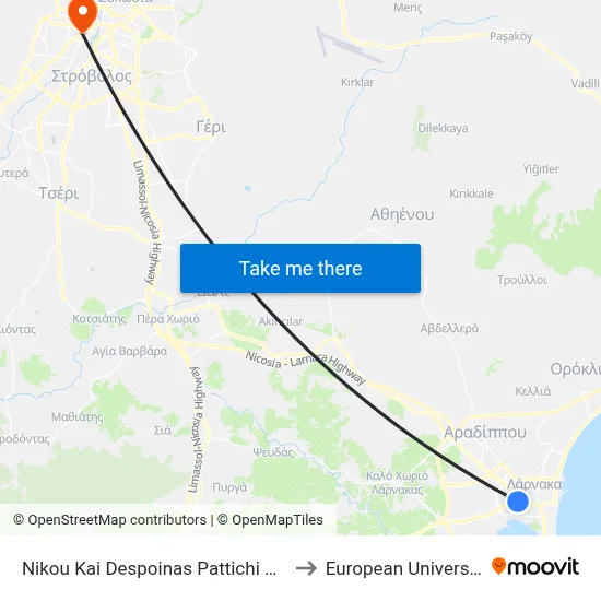 Nikou Kai Despoinas Pattichi Avenue - Arachovas to European University Cyprus map