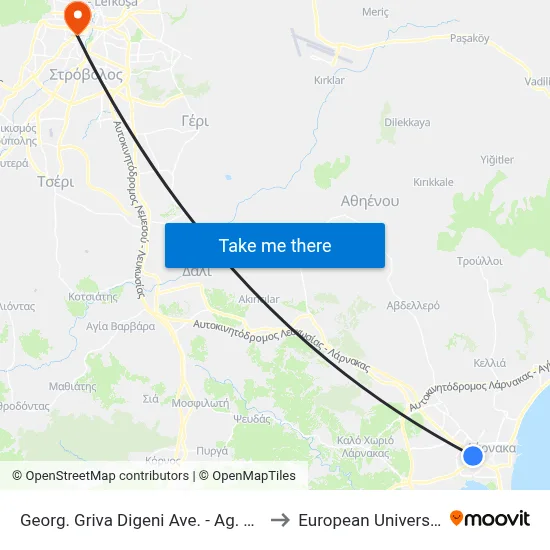 Georg. Griva Digeni Ave. - Ag. Georgios Church to European University Cyprus map