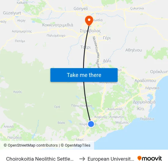 Choirokoitia Neolithic Settlement (Oasis) to European University Cyprus map