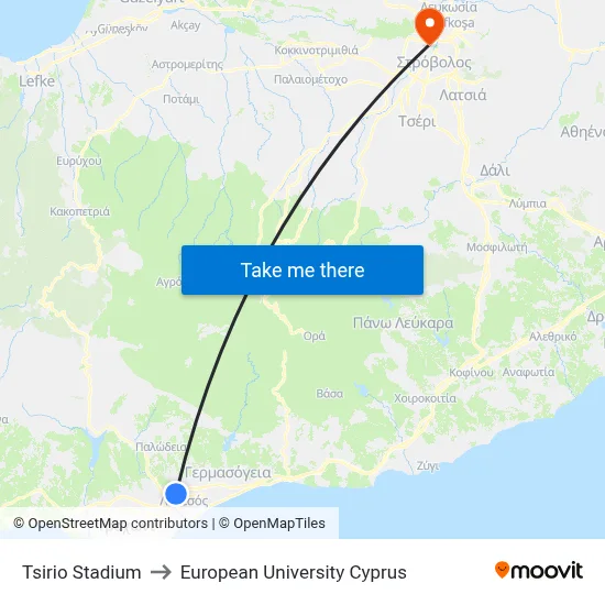 Tsirio Stadium to European University Cyprus map