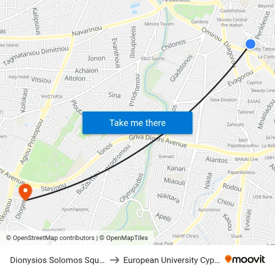 Dionysios Solomos Square to European University Cyprus map