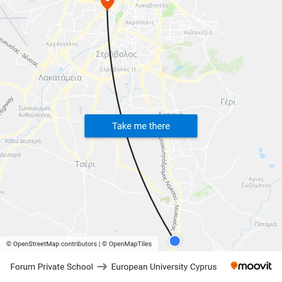 Forum Private School to European University Cyprus map