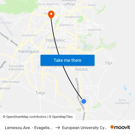 Lemesos Ave. - Evangelistria to European University Cyprus map