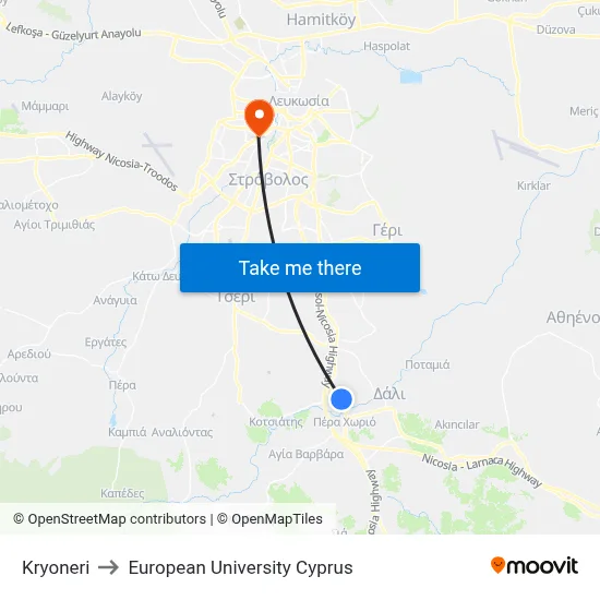 Kryoneri to European University Cyprus map