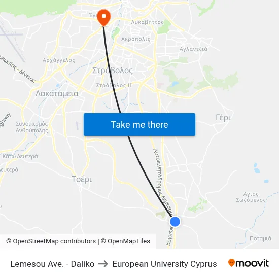 Lemesos Ave. - Daliko to European University Cyprus map