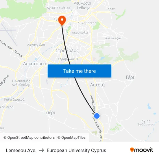 Limassol Ave to European University Cyprus map