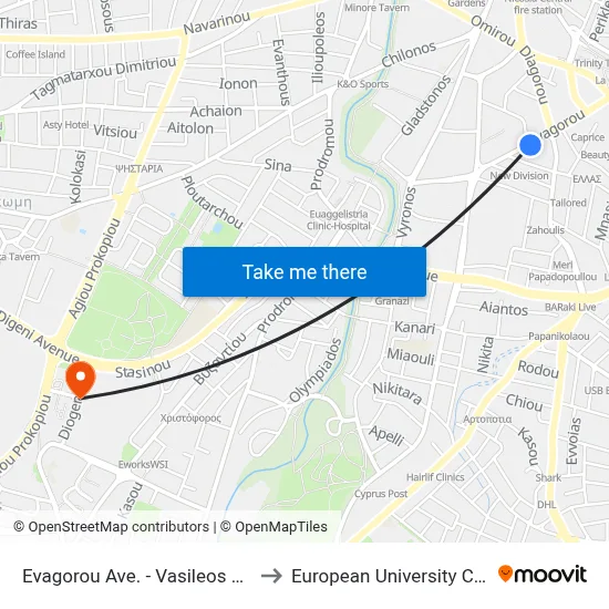 Evagorou Ave.  - Vasileos Pavlou to European University Cyprus map