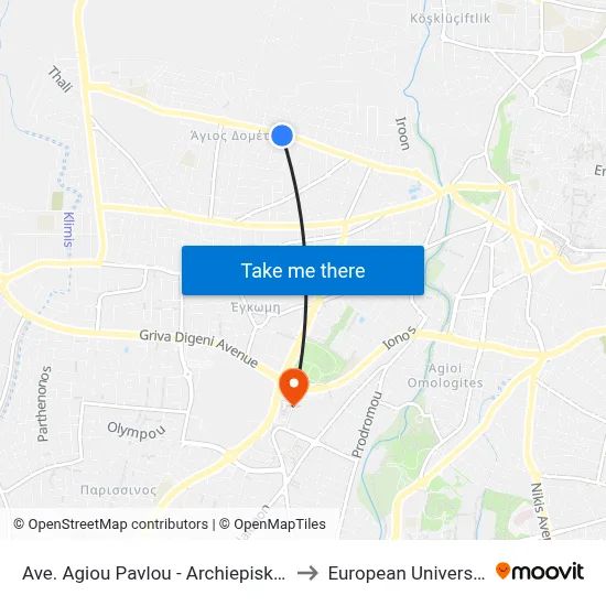 Ave. Agiou Pavlou - Archiepiskopou Kyprianou to European University Cyprus map