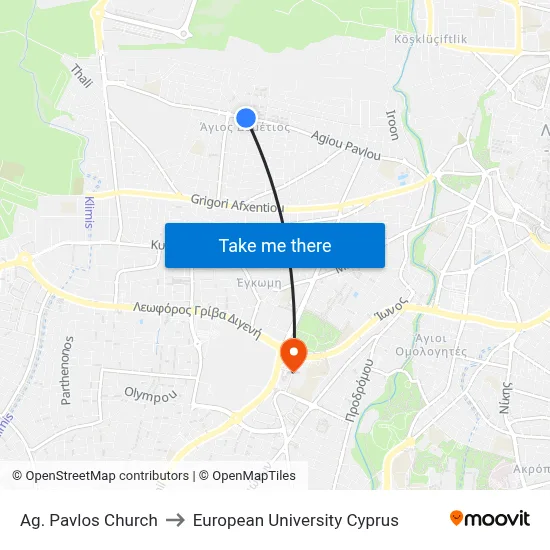 Ag. Pavlos Church to European University Cyprus map