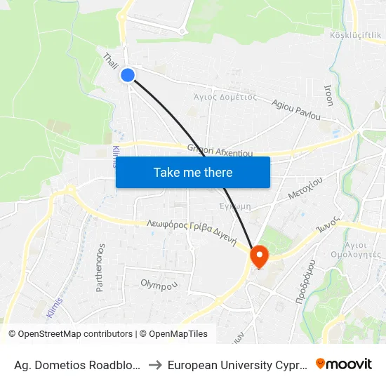 Ag. Dometios Roadblock to European University Cyprus map