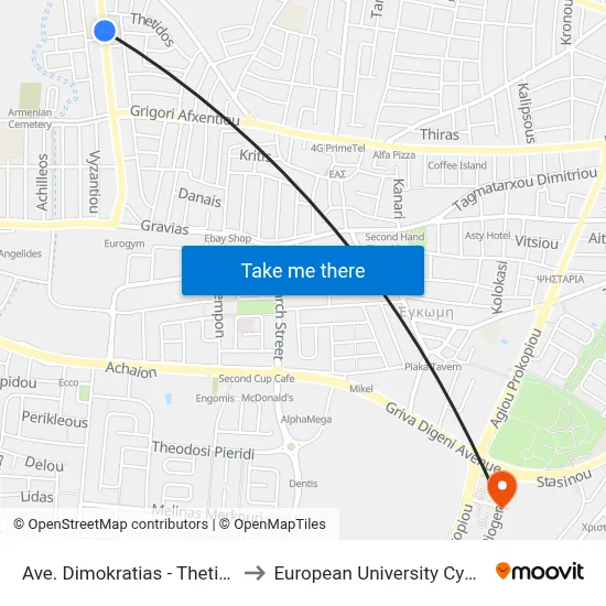 Democracy Ave. - Thetidos to European University Cyprus map