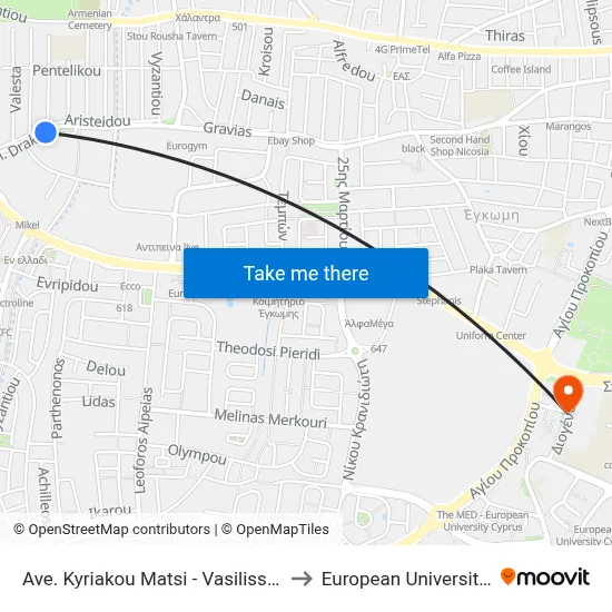 Kyriakos Matsis Ave. - Queen Frederica to European University Cyprus map