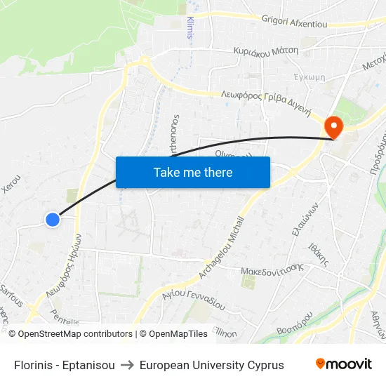 Florinis - Eptanisou to European University Cyprus map