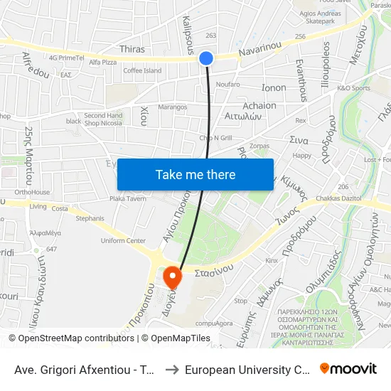 Grigori Afxentiou Ave - Churchill to European University Cyprus map