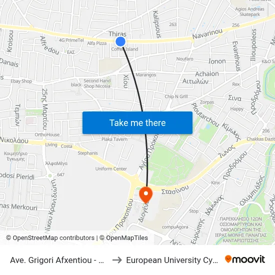 Grigori Afxentiou Ave - Nikis to European University Cyprus map