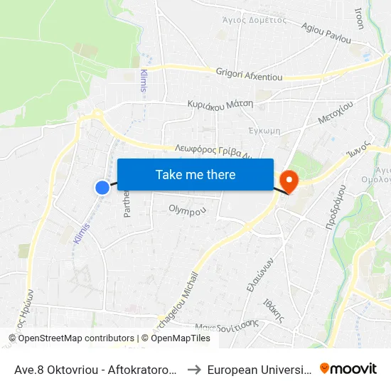 8th October Ave. - Emperor Justinian to European University Cyprus map