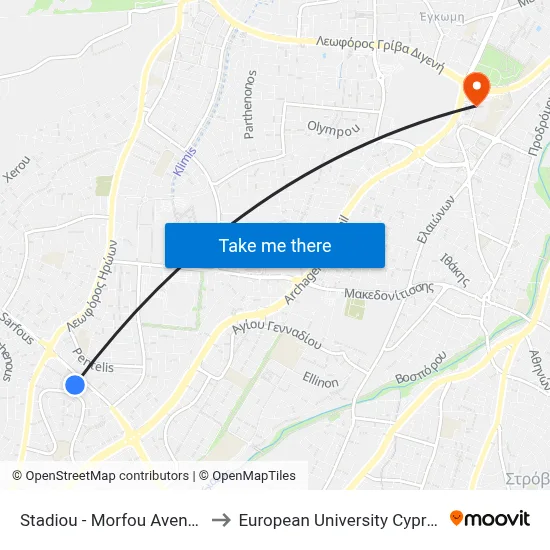 Stadium - Morphou Avenue to European University Cyprus map