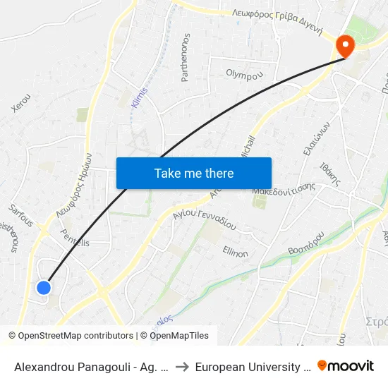 Alexandrou Panagouli - Ag. Antoniou to European University Cyprus map