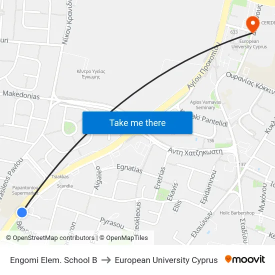 Engomi Elem. School B to European University Cyprus map